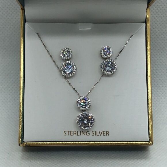 💛 Sterling Silver CZ Earring & Necklace Set - Picture 4 of 6